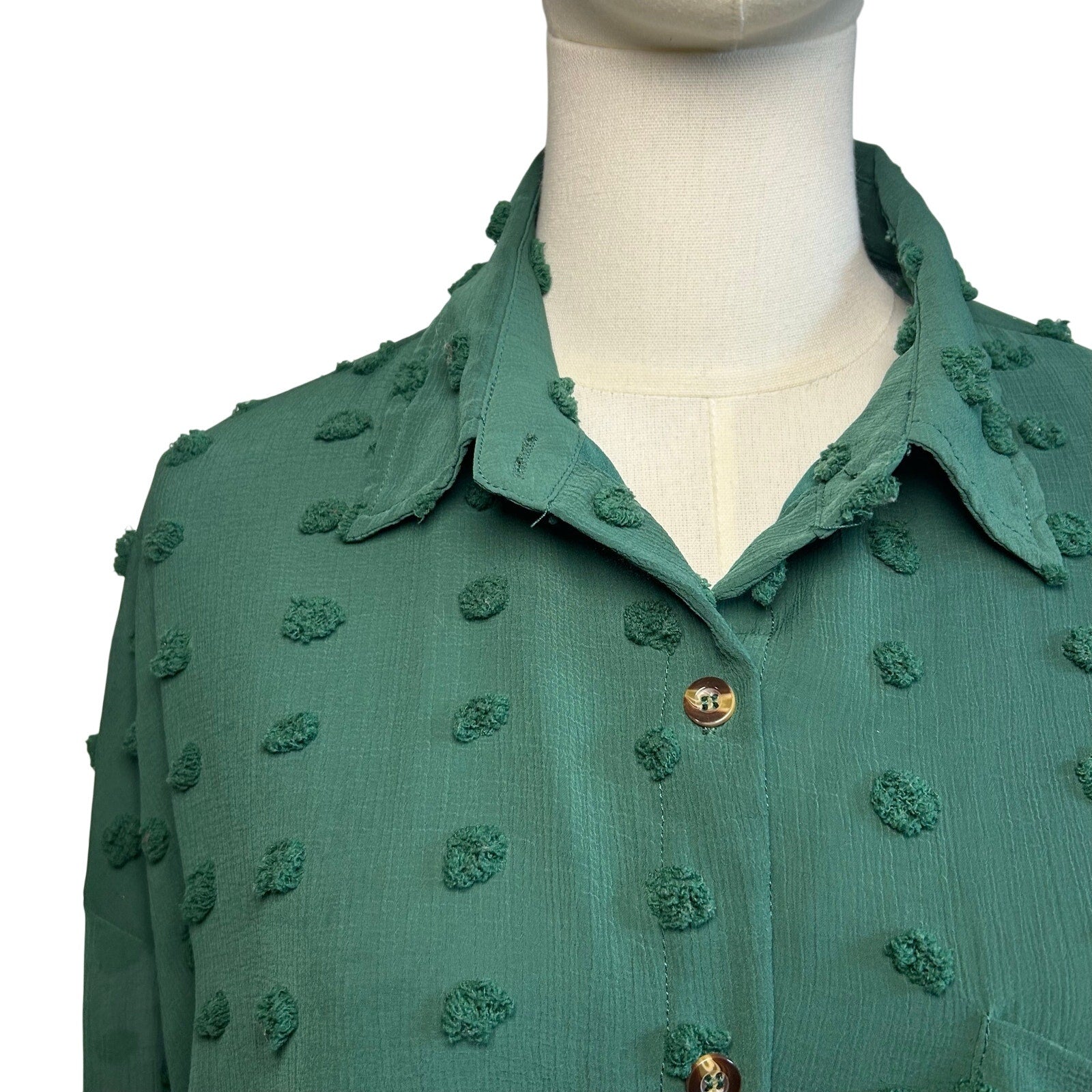 Forest Green Swiss Dot Long Sleeve L Casual Clip Dot Shirt Boho Minimalist Twee