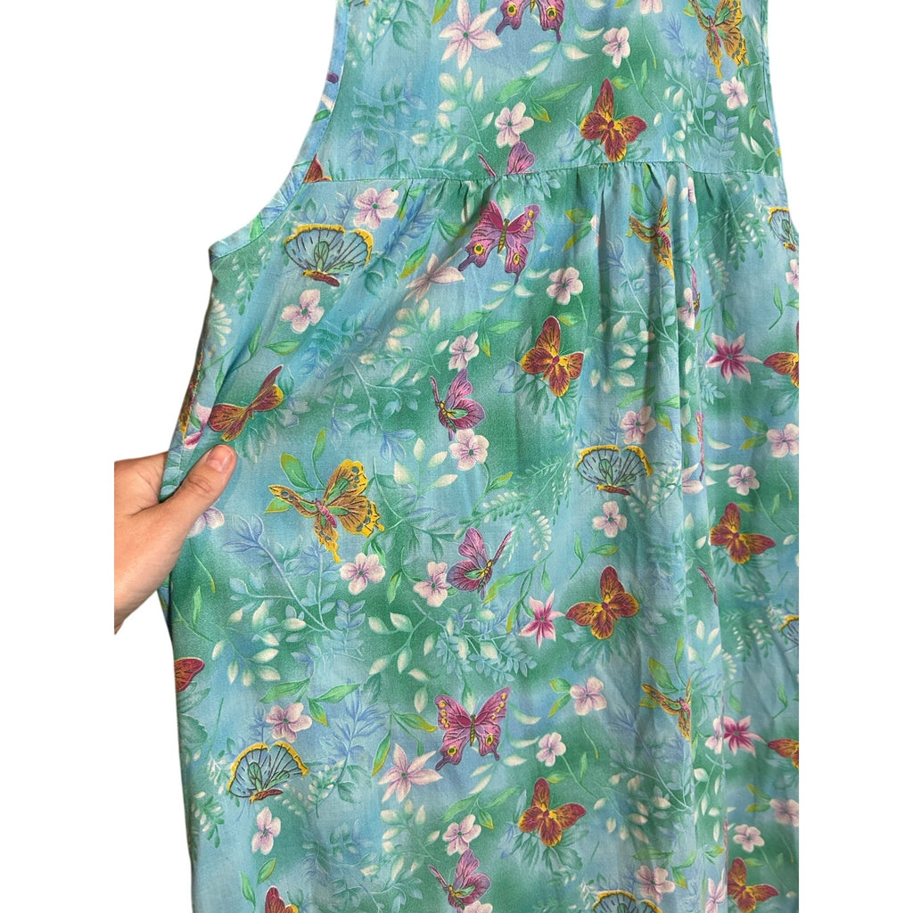 VTG Butterfly Floral Cotton Feel House Dress Blue Green XL Single Side Pocket