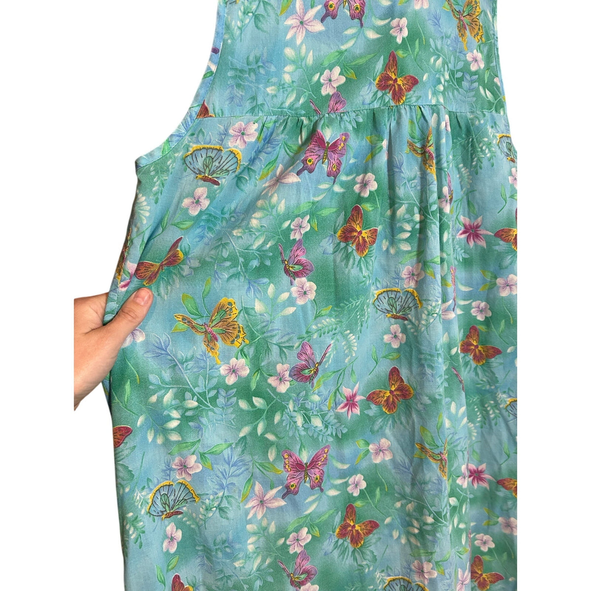 VTG Butterfly Floral Cotton Feel House Dress Blue Green XL Single Side Pocket