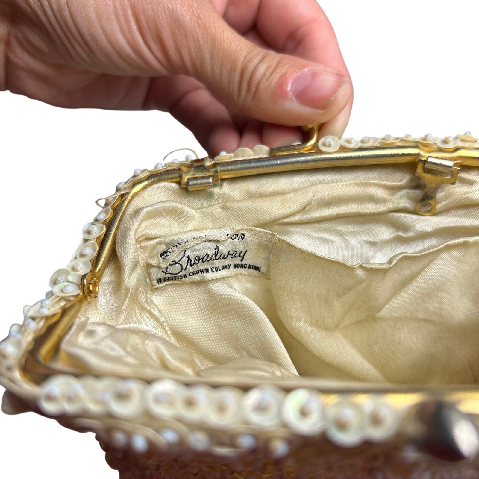 VTG 50s Cream Sequin White Floral Clutch Evening Bag Bridal Prom Retro Glam Twee