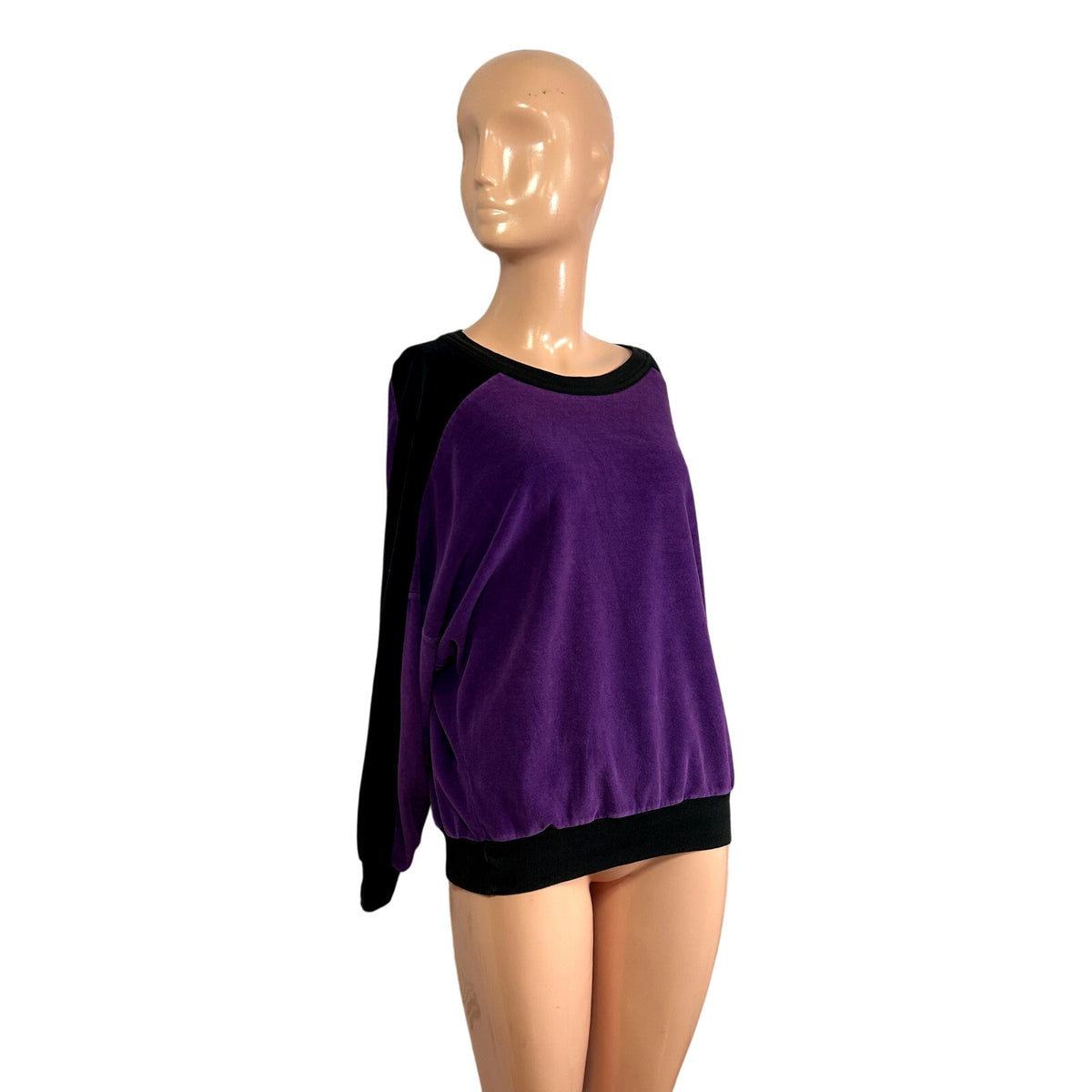 VTG 80s Como Sport M Purple Black Velour Top Colorblock Batwing Casual Retro