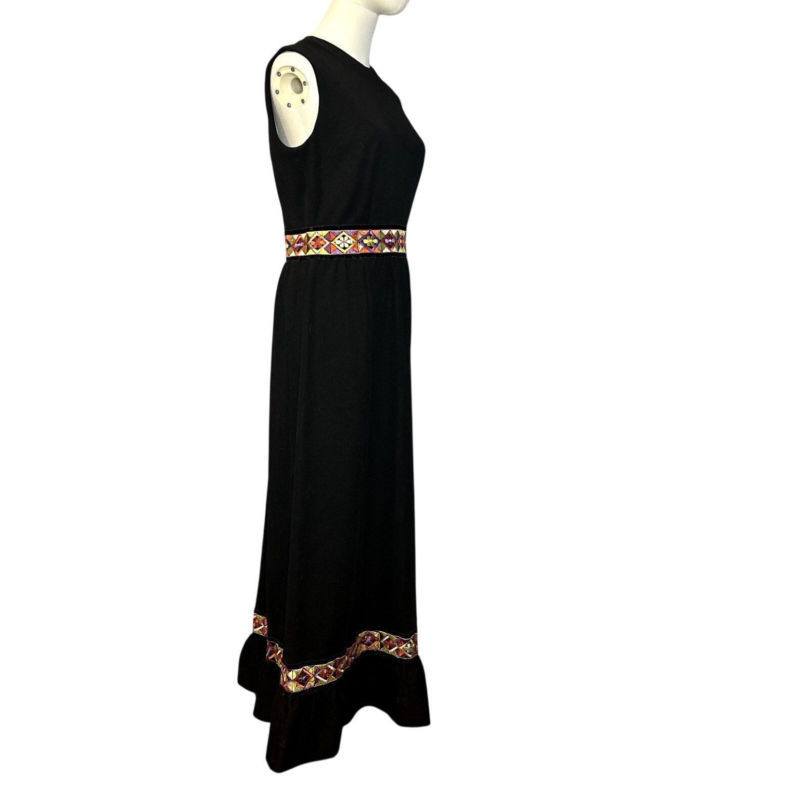 VTG 70s Black Folk Maxi Dress Embroidered Velvet Trim Ruffle Boho Hostess Small