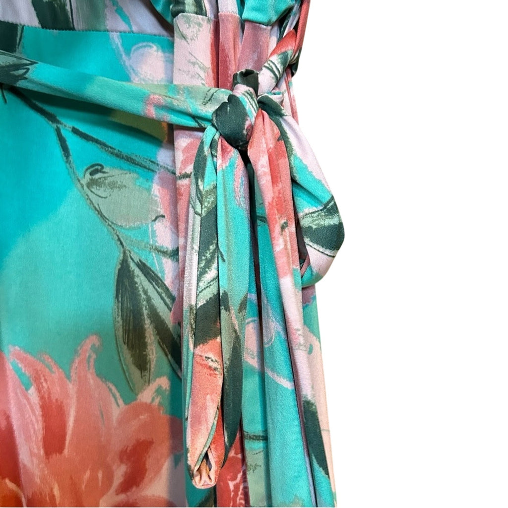 Pink Blue Floral Wrap Maxi Dress Plus Size 3X Stretchy Belted Bow Flowers Easter