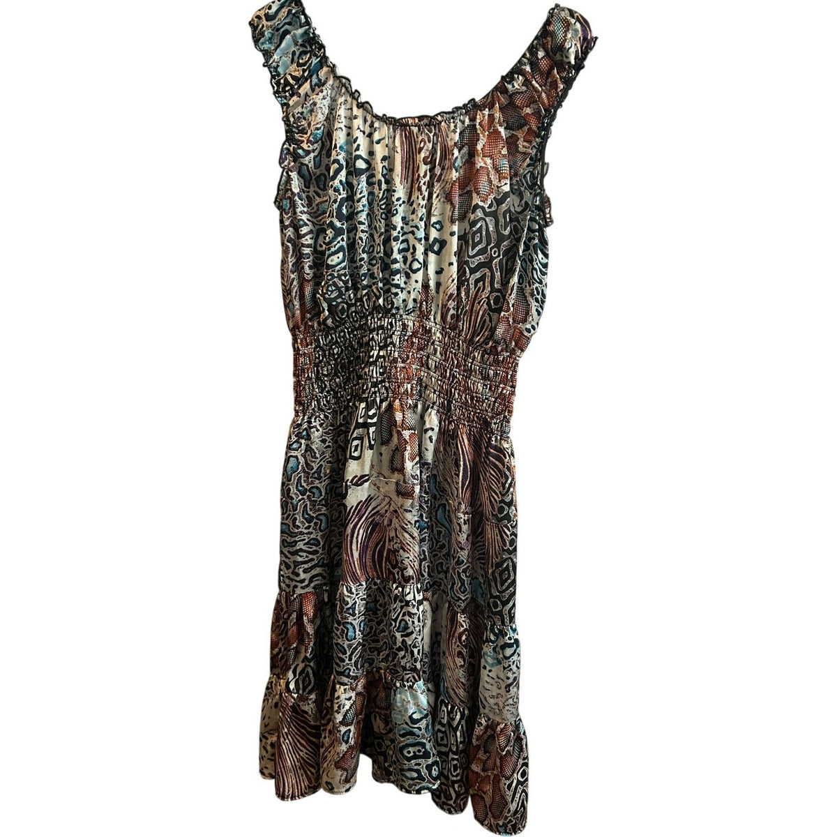 Lapis Animal Print Smocked Dress Multi M Y2K Indie Sleaze Maximalist Midi