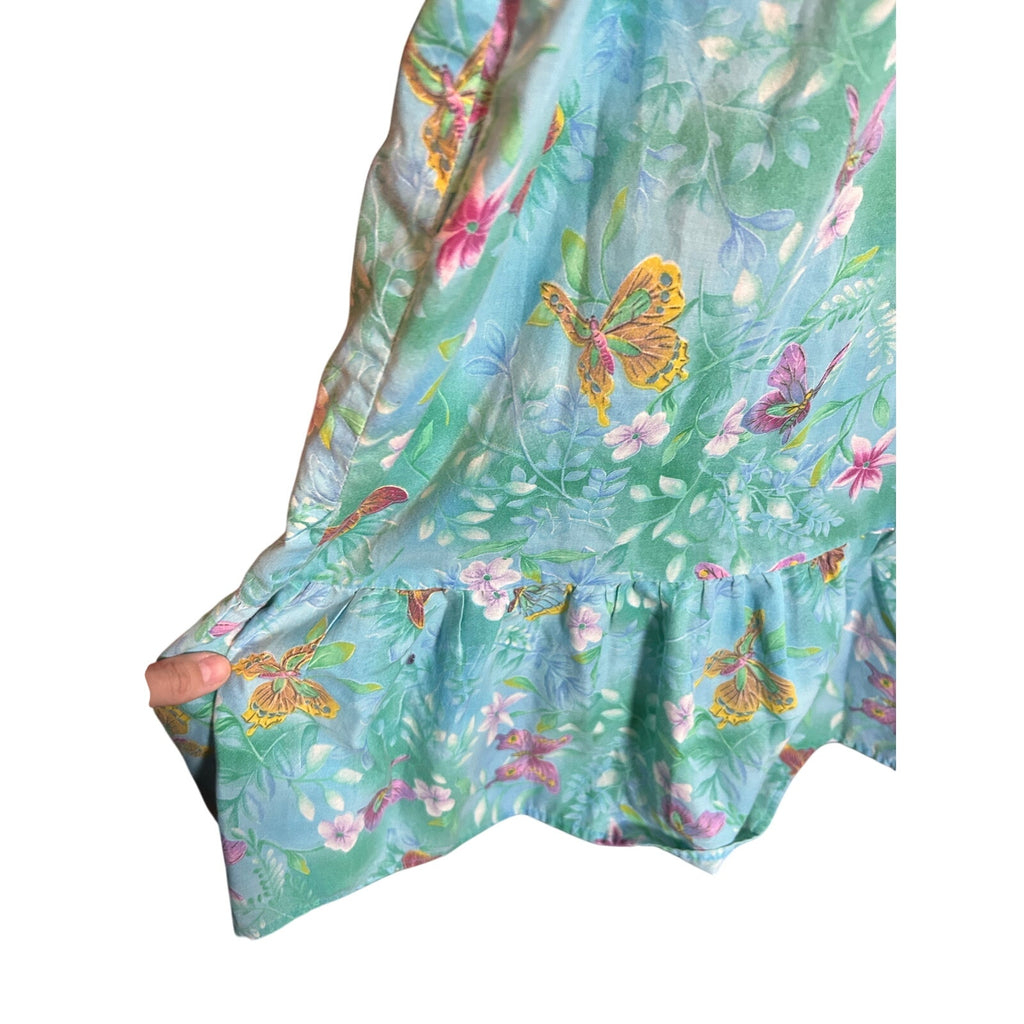 VTG Butterfly Floral Cotton Feel House Dress Blue Green XL Single Side Pocket