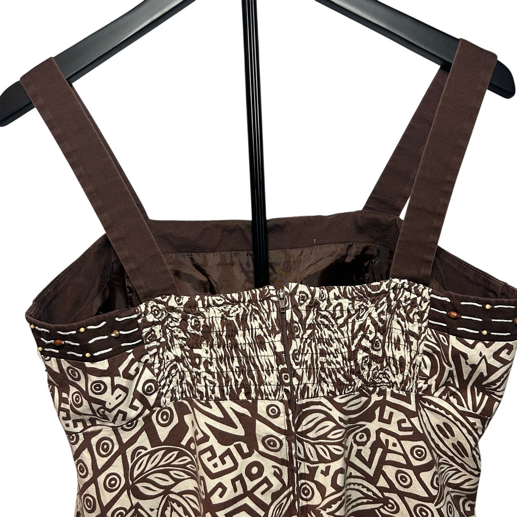 Boho Geometric Print Midi Dress Small Brown Cream Smocked Back Padded Bust Summer