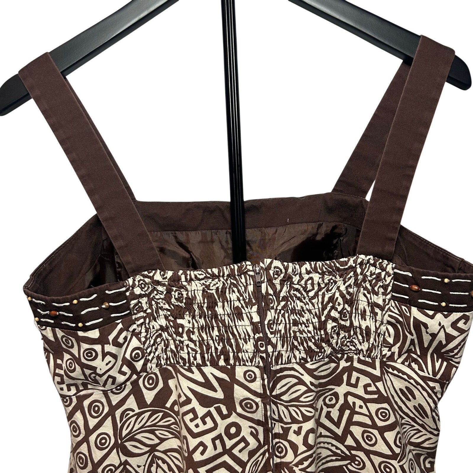 Boho Geometric Print Midi Dress Small Brown Cream Smocked Back Padded Bust Summer
