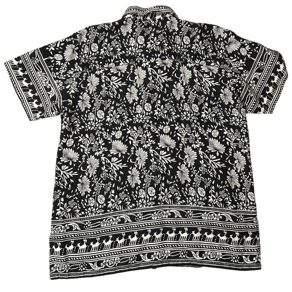 VTG Studio Basic Black White Floral Deer Border Print Rayon Blouse Size L