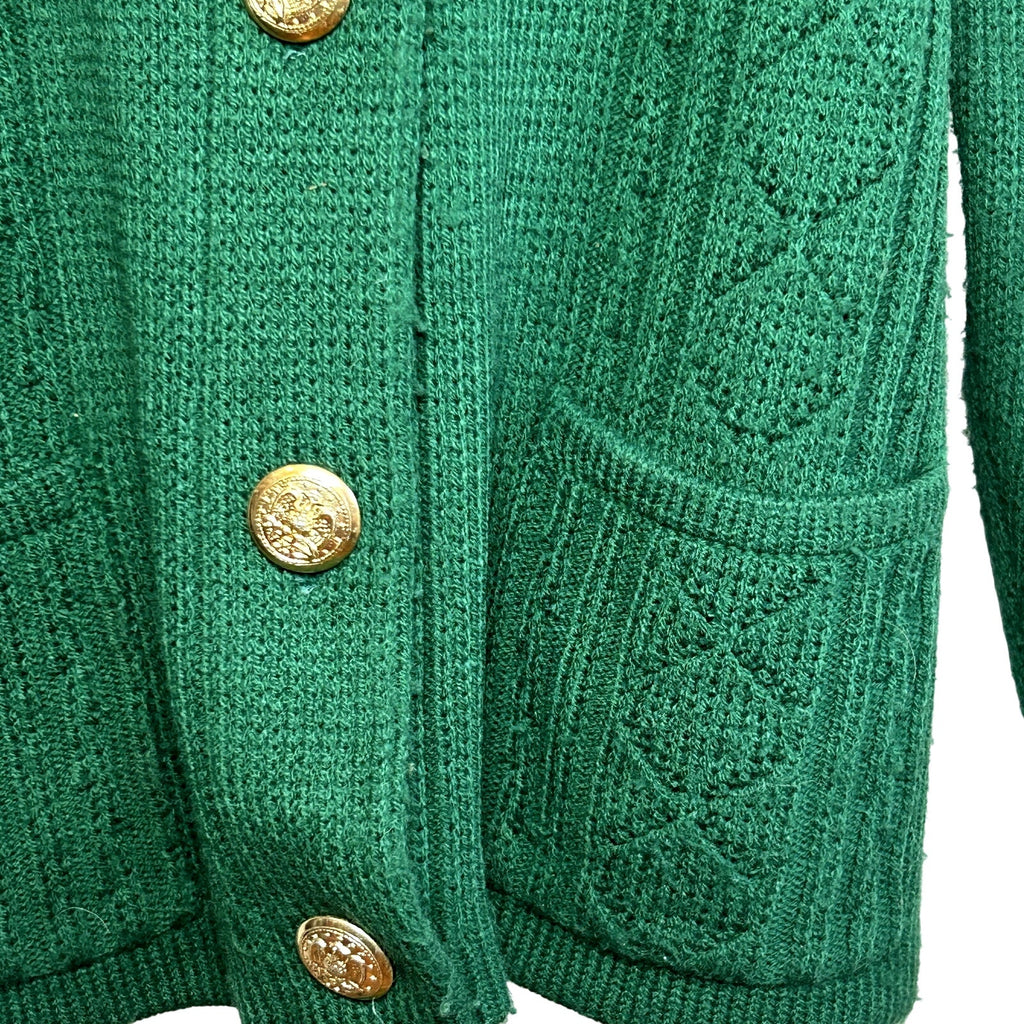 VTG 70s L Green Fair Isle Gold Button Cardigan Sweater Dark Academia Preppy Twee