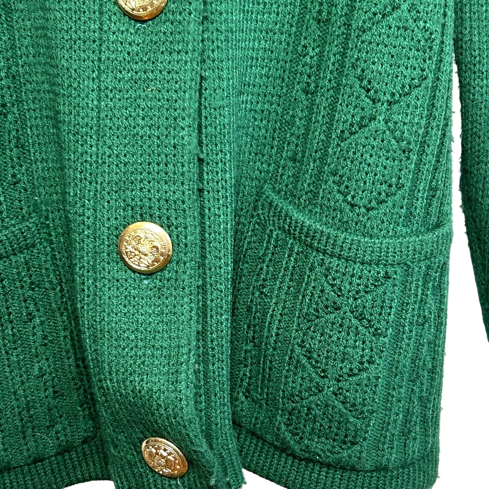 VTG 70s L Green Fair Isle Gold Button Cardigan Sweater Dark Academia Preppy Twee