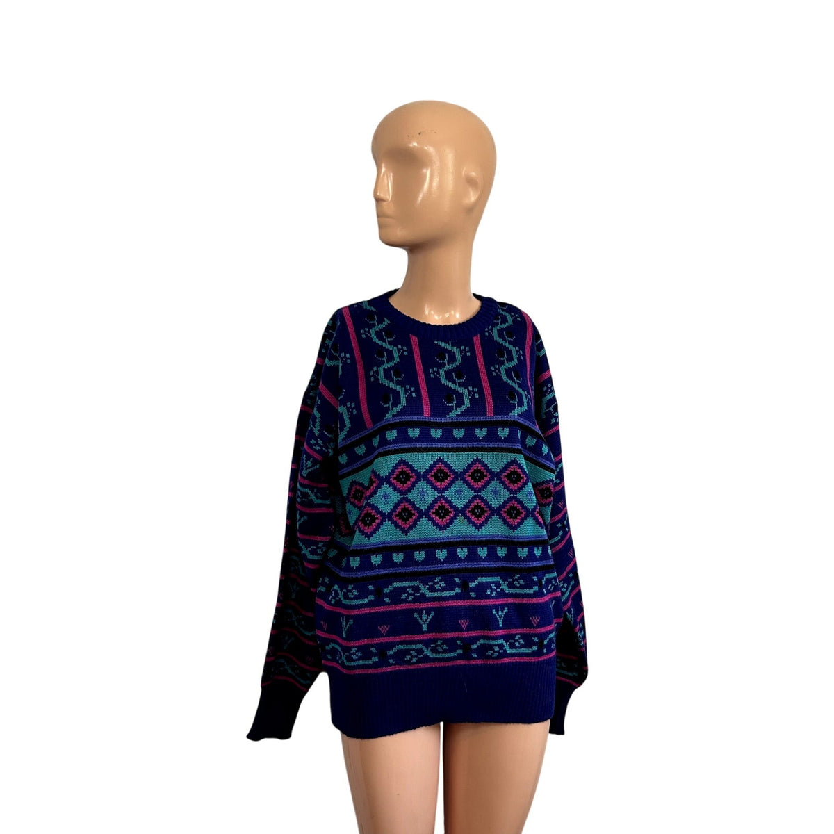 VTG 80s Meister M Purple Teal Maximalist Patterned Wool Knit Retro Cozy Sweater