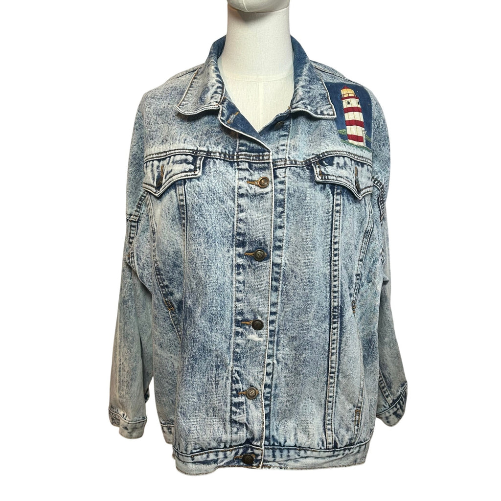 VTG 90s Ocean Denim Acid Wash Lighthouse Jacket Scenic Art Oversized XL
