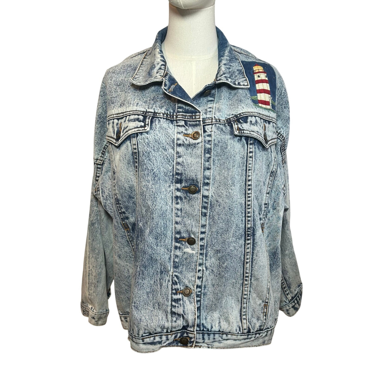 VTG 90s Ocean Denim Acid Wash Lighthouse Jacket Scenic Art Oversized XL