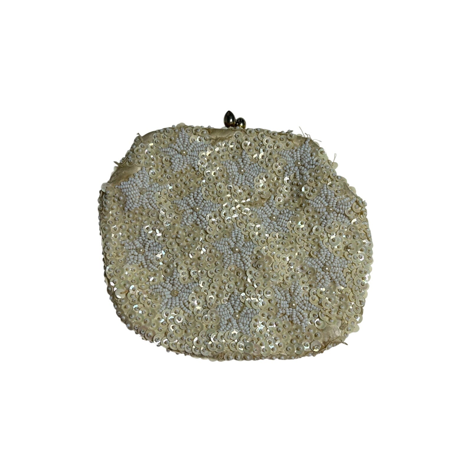 VTG 50s Cream Sequin White Floral Clutch Evening Bag Bridal Prom Retro Glam Twee