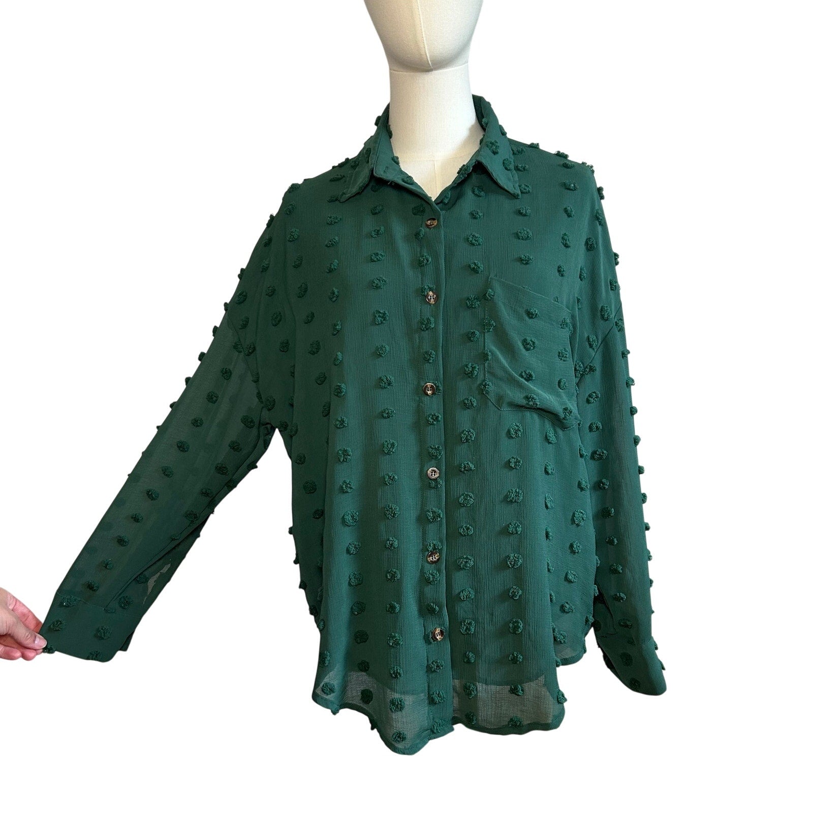 Forest Green Swiss Dot Long Sleeve L Casual Clip Dot Shirt Boho Minimalist Twee