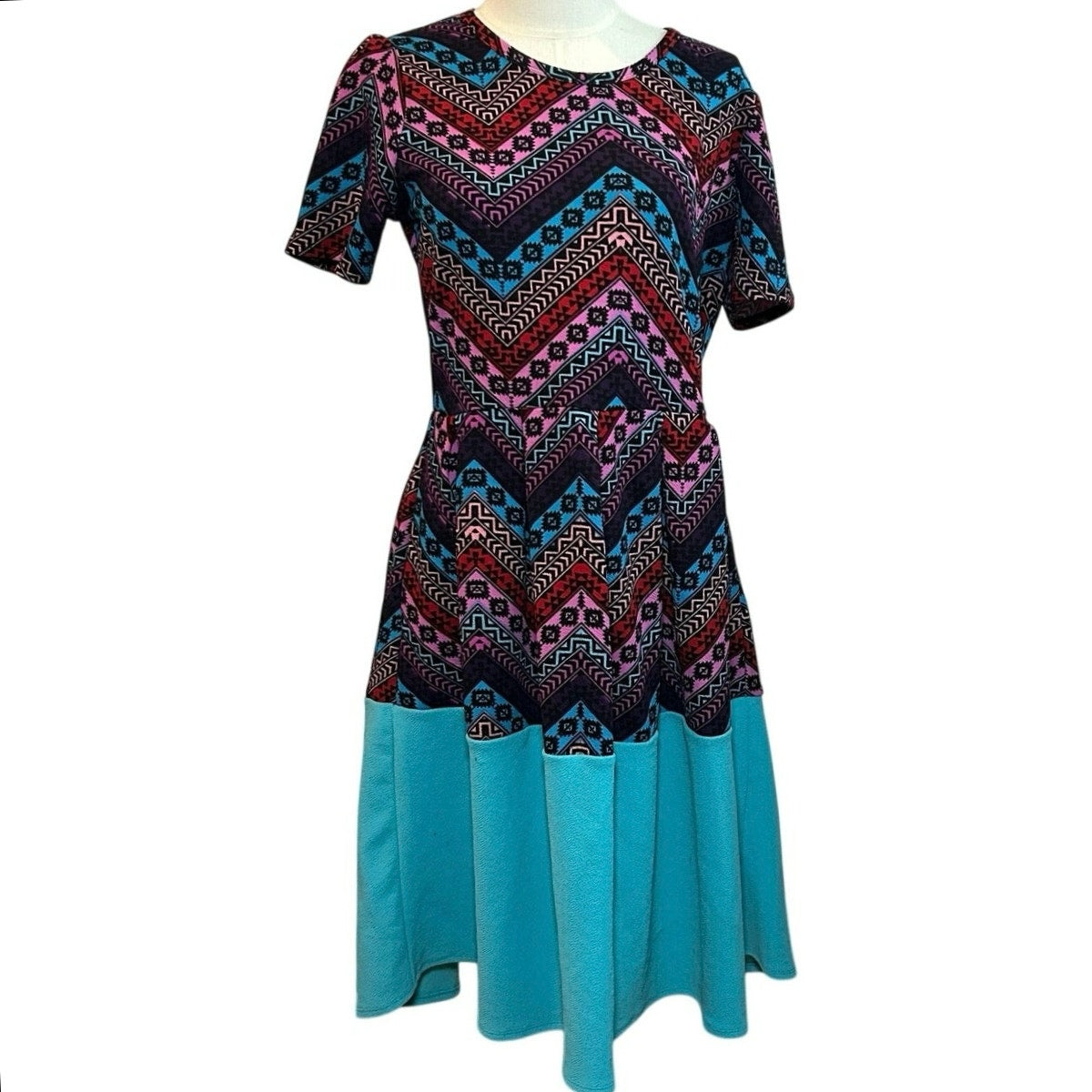 LuLaRoe Amelia Dress Large Multicolor Blue Floral Stretchy Pockets Southwestern