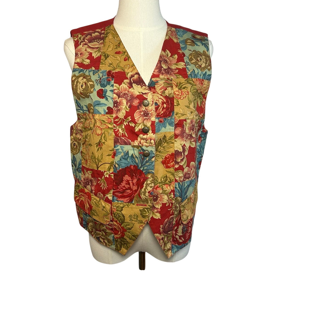 VTG 90s Lizsport Patchwork Floral Cotton Vest Pockets M Dark Academia Whimsygoth