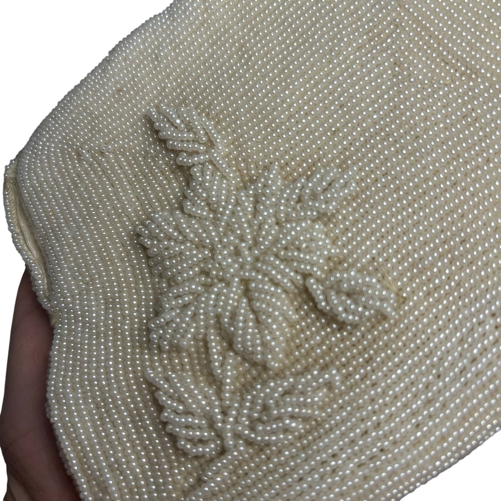 VTG 50s White Beaded Evening Clutch Handbag Retro Glam Unfinished Floral Twee
