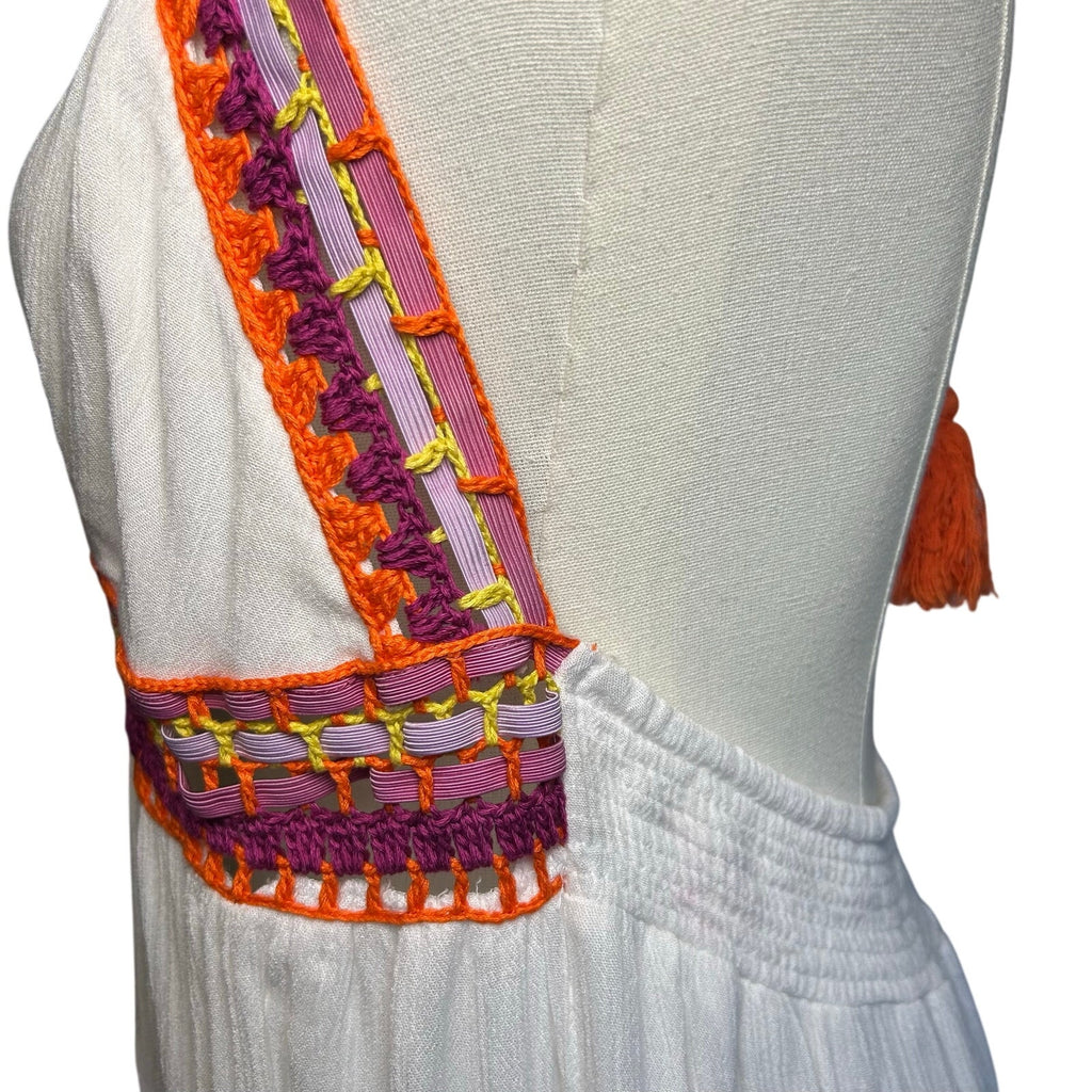 Indigo Rein XL White Multi Boho Maxi Dress Woven Tassel Tie Indie Fairy Cottage
