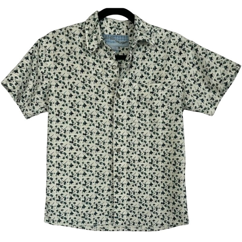VTG Address Unknown White Teal Navy S Atomic Pattern Retro 90s Mod Poly Button