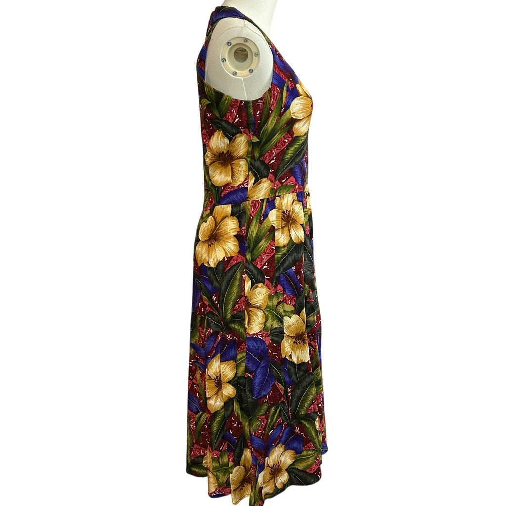 VTG 90s Positive Attitude Tropical Hibiscus Rayon Midi Dress Pockets Size 14