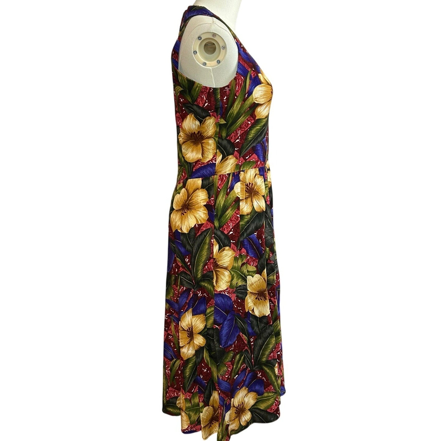 VTG 90s Positive Attitude Tropical Hibiscus Rayon Midi Dress Pockets Size 14