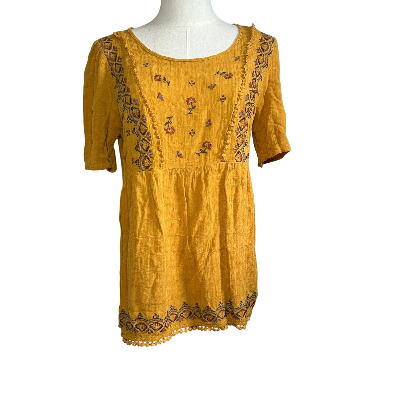 Knox Rose M Yellow Embroidered Tunic Top Boho Peasant Cottage Fairy Indie Casual