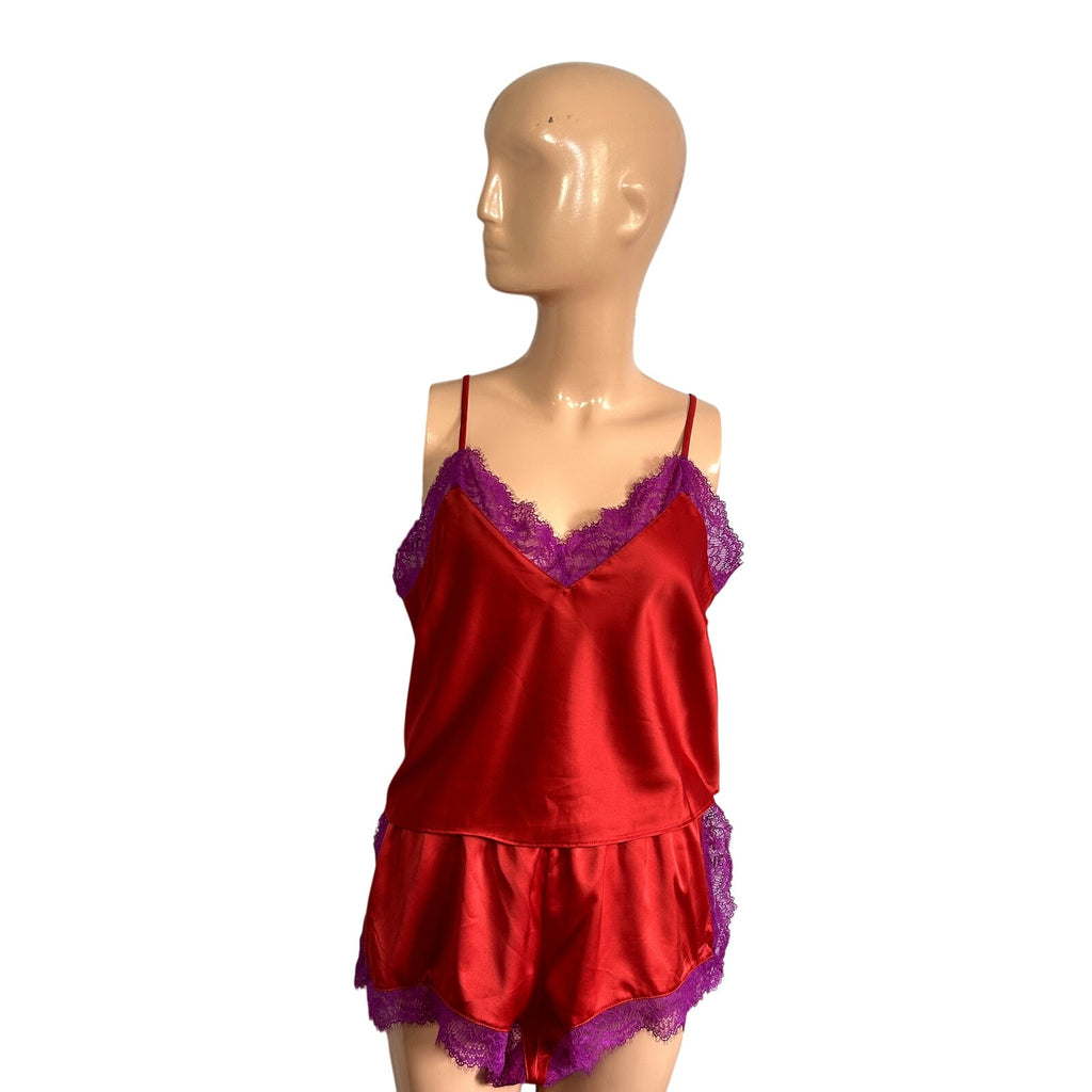 Savage X Fenty Red Purple Lace Camisole Shorts M Lingerie Set Romantic Feminine