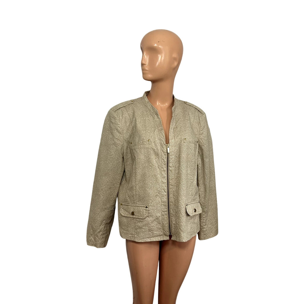 Jones New York Collection 16 Tan Cotton Stretch Moto Peplum Utility Jacket Chic