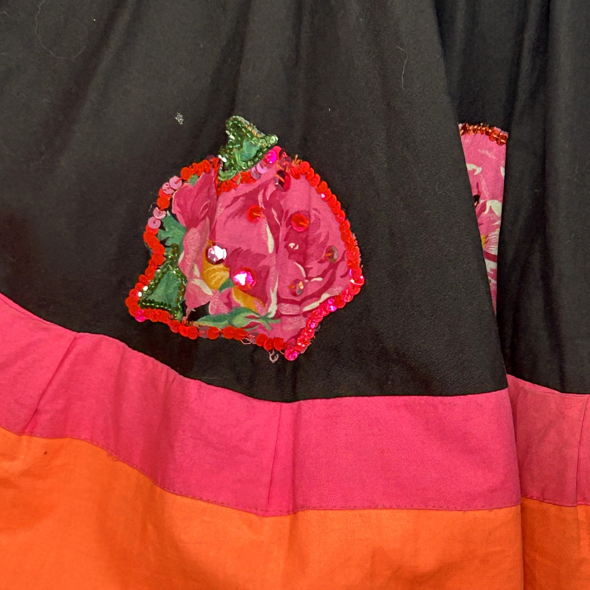 VTG 70s Vintage XS Black Pink Mexican Folkloric Flounce Sequin Dress Retro