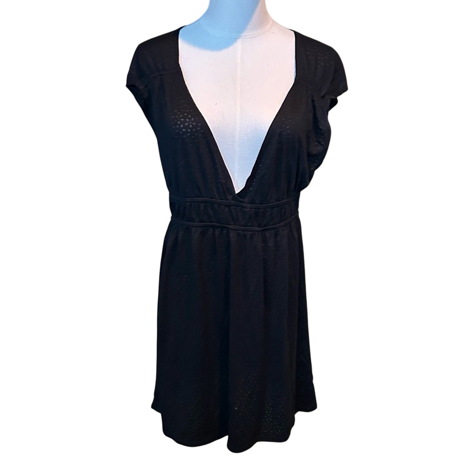 Merona Black Deep V Neck Mini Dress Size M Rayon Blend Indie Sleaze Boho