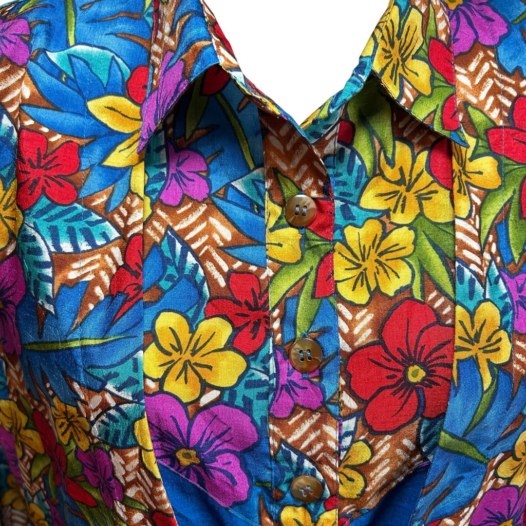 VTG 70s Bechamel 3pc Floral Set Whimsigoth Blue Tropical Jacket Shirt Pants Boho