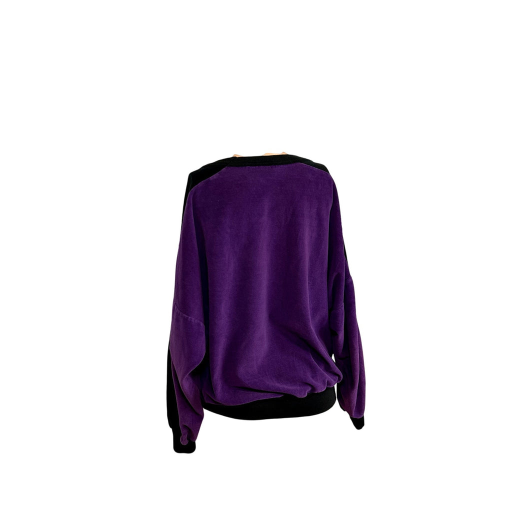 VTG 80s Como Sport M Purple Black Velour Top Colorblock Batwing Casual Retro