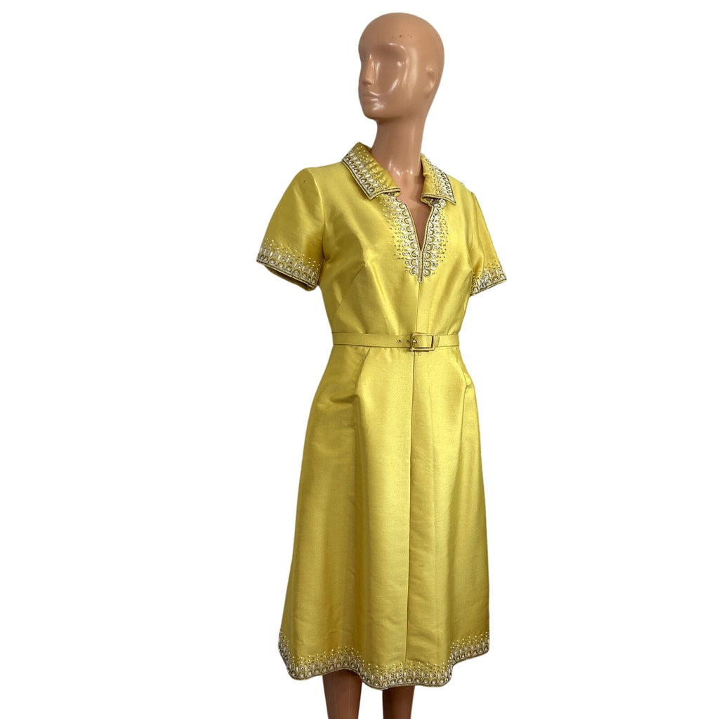 VTG 60s Sir Norman Hartnell S Yellow Beaded Wool Silk Couture Regency Midi Dress