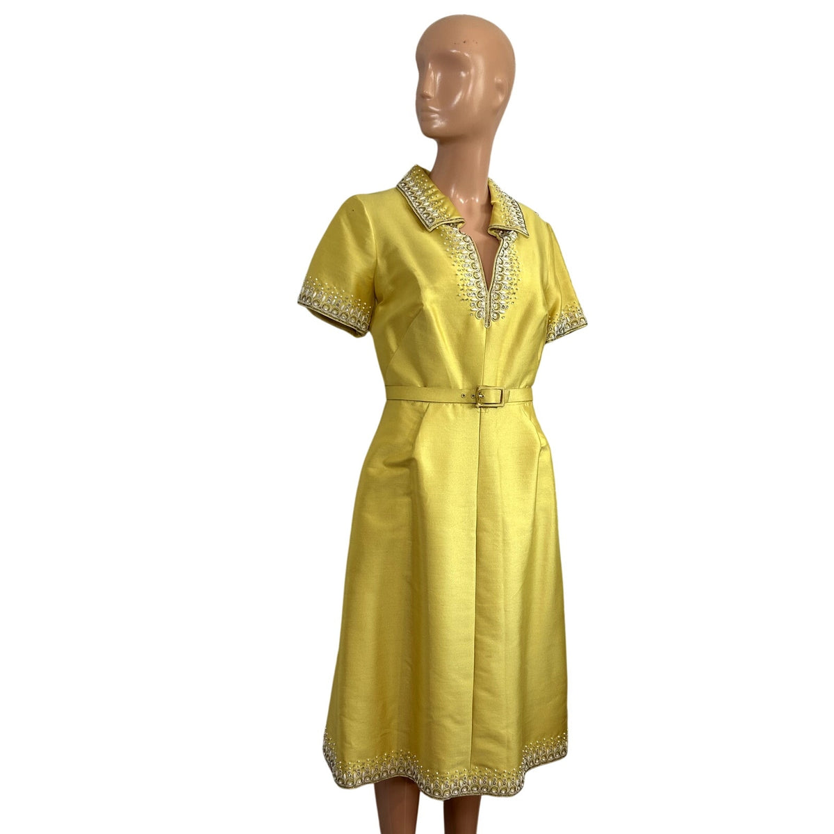 VTG 60s Sir Norman Hartnell S Yellow Beaded Wool Silk Couture Regency Midi Dress