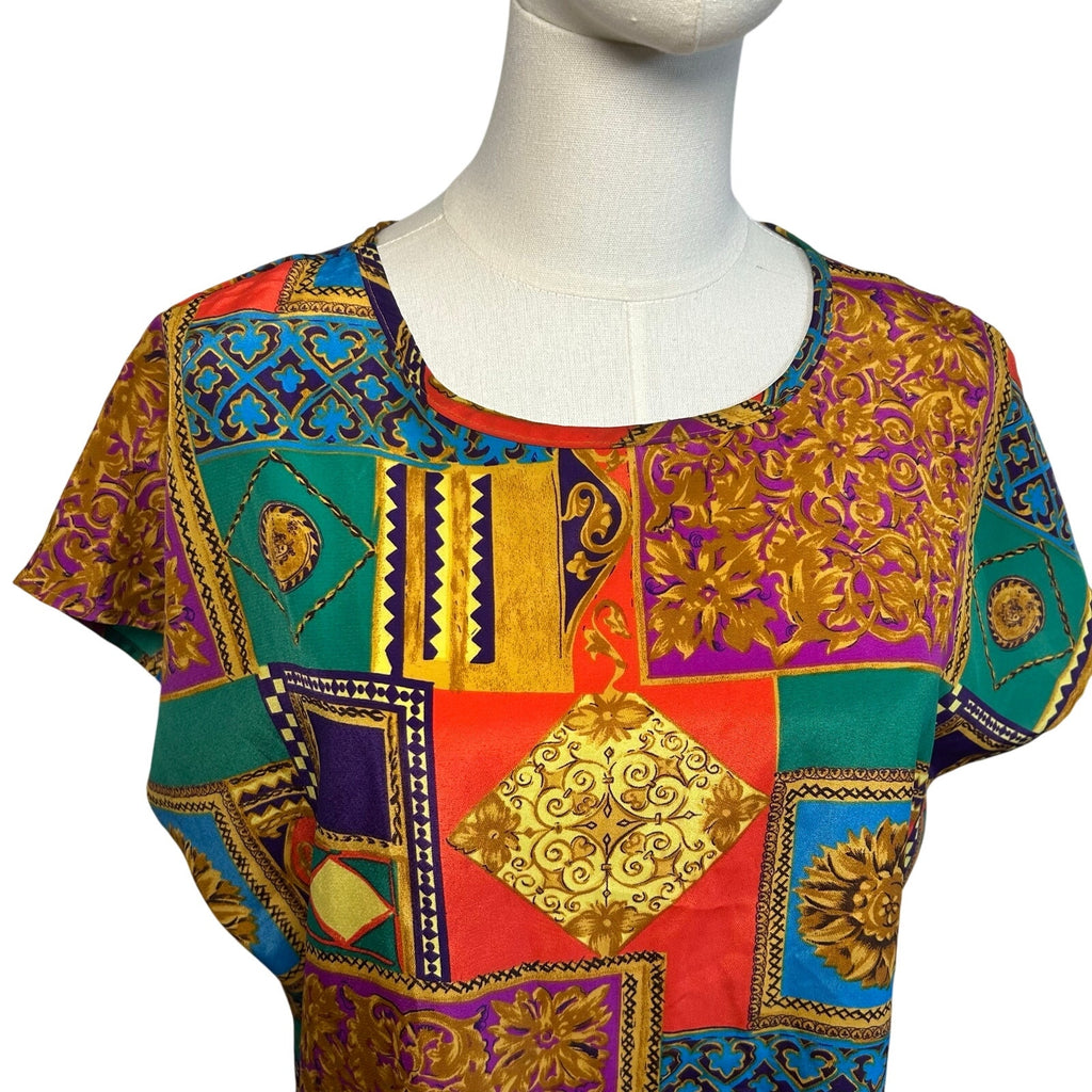 VTG 80s Multicolor Geometric L Short Sleeve Top Office Siren Maximalist Retro