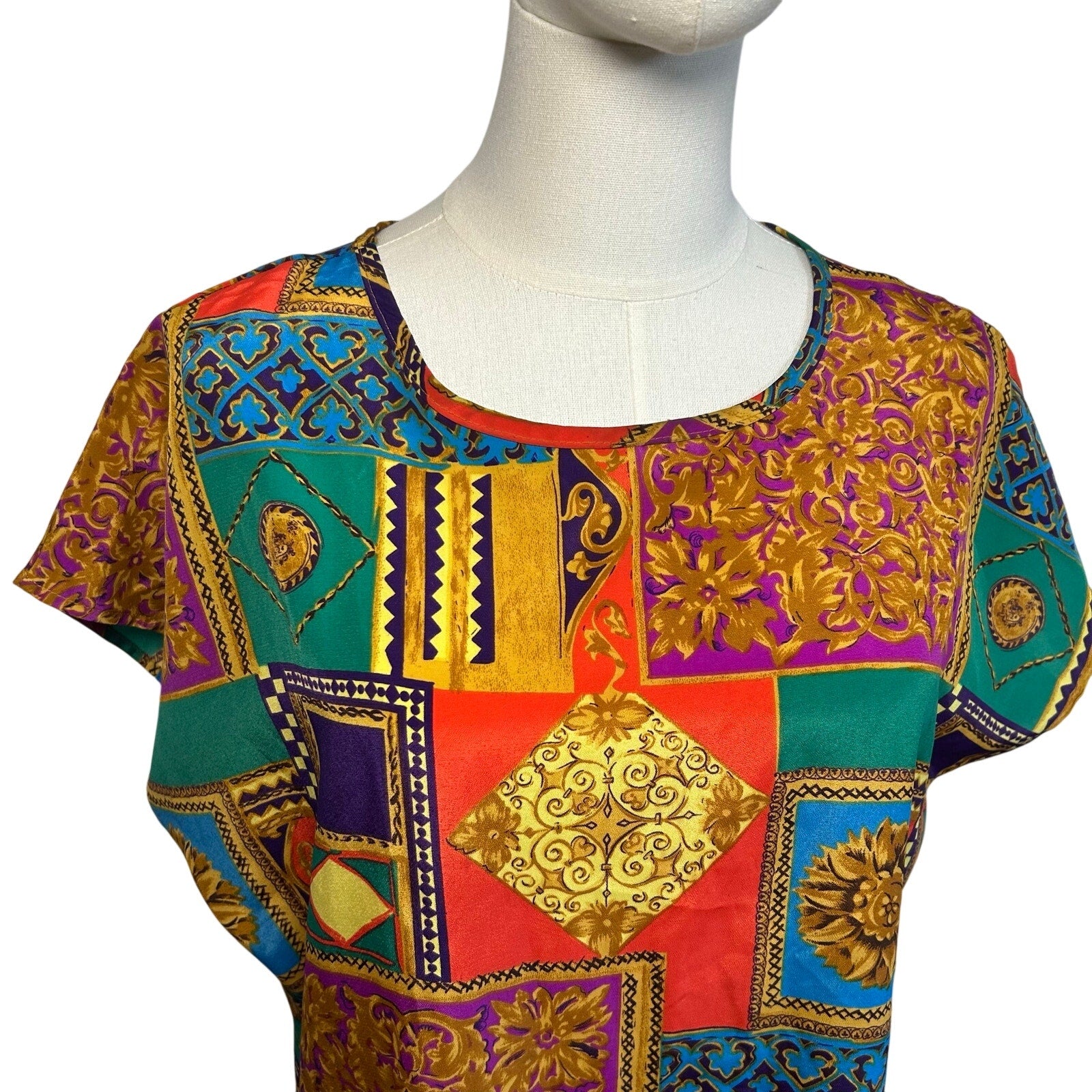 VTG 80s Multicolor Geometric L Short Sleeve Top Office Siren Maximalist Retro