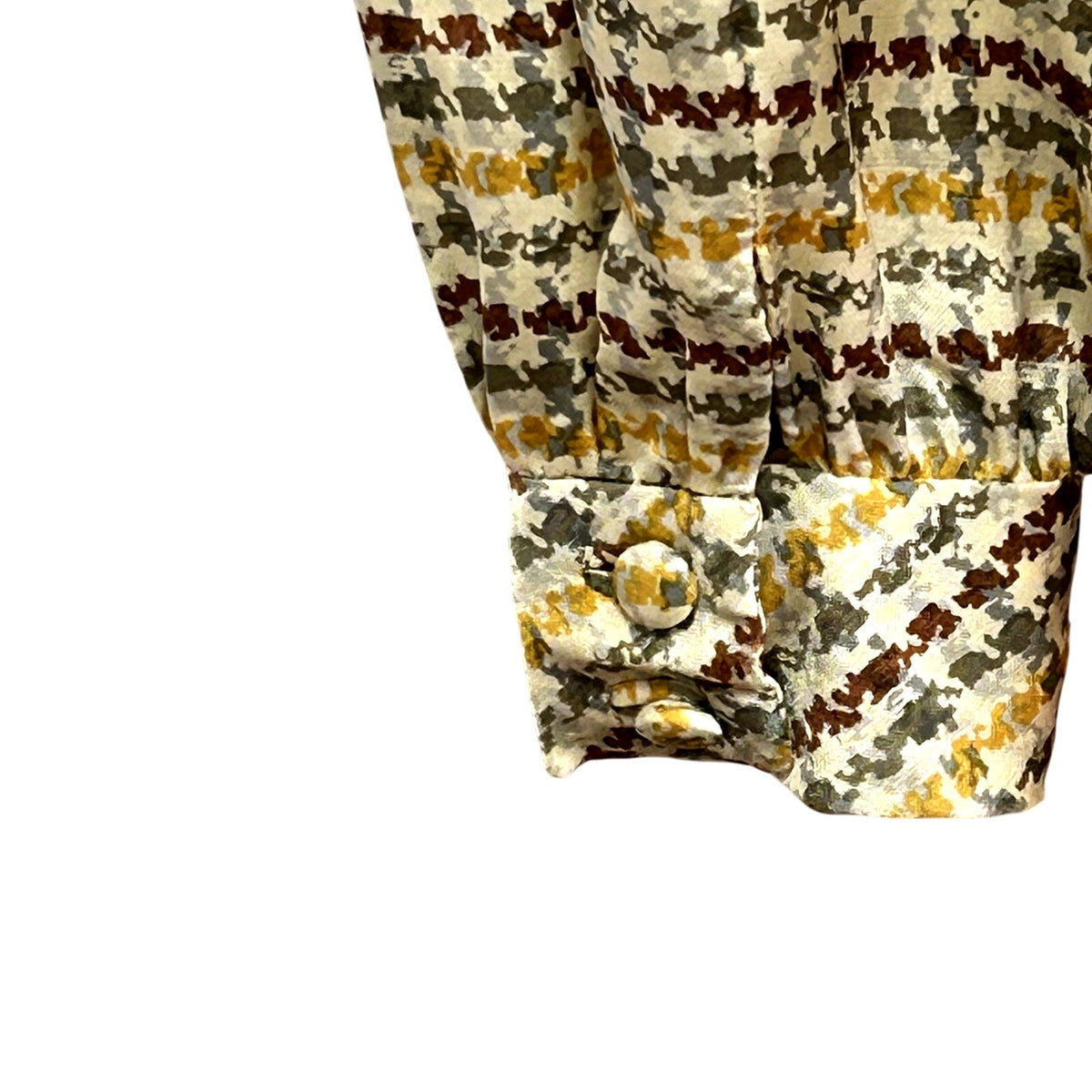 VTG 70s Sir Norman Hartnell M Tan Silk Houndstooth Pussy Bow Couture Blouse