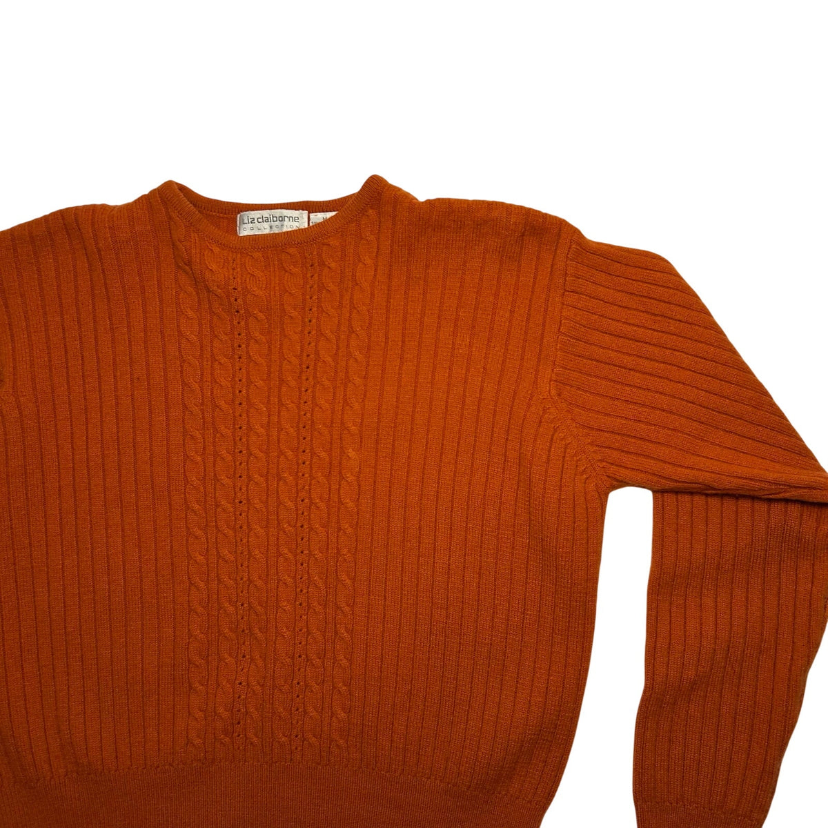 VTG 70s Liz Claiborne Orange Wool Crewneck Pullover Sweater M Cable Knit Cottage