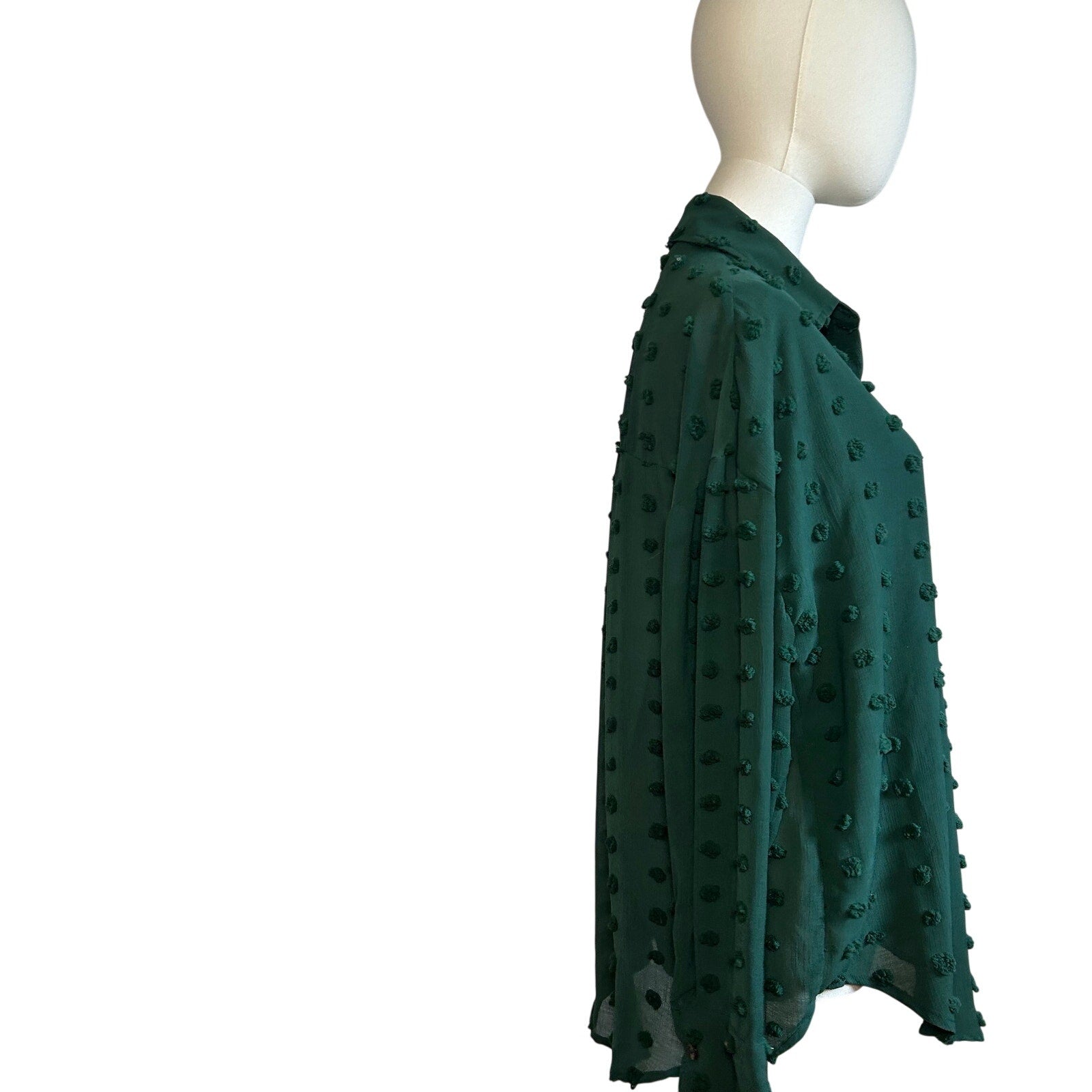 Forest Green Swiss Dot Long Sleeve L Casual Clip Dot Shirt Boho Minimalist Twee