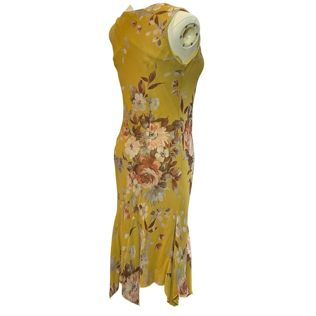 Lily Petite Small Floral Handkerchief Hem 90s Y2K Yellow Rayon Midi Dress P/S