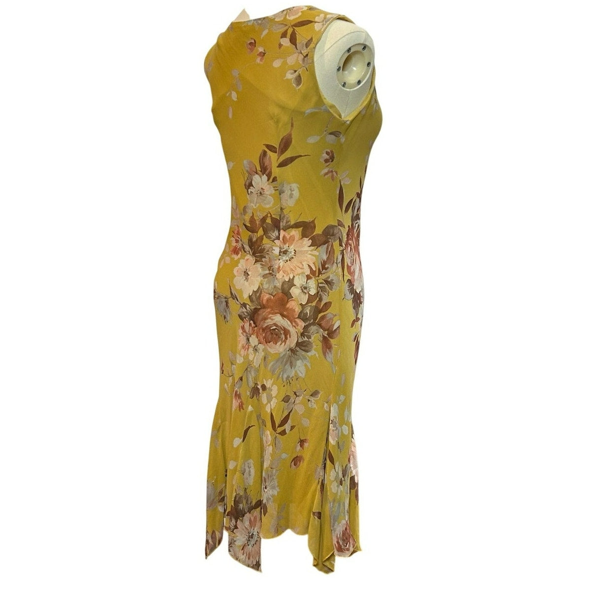 Lily Petite Small Floral Handkerchief Hem 90s Y2K Yellow Rayon Midi Dress P/S