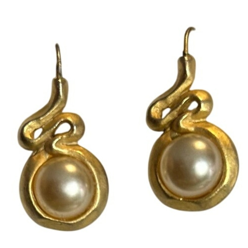 VTG 90s The Limited Gold Sculptural S-Curve Faux Pearl Drop Earrings Whimsigoth