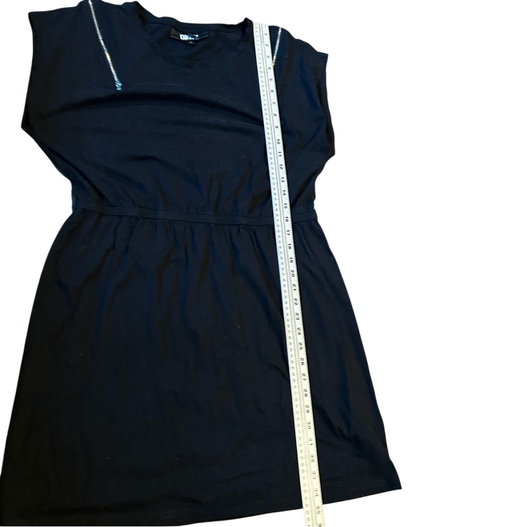 DKNY Black Mini Dress Zipper Shoulder Accents Elastic Waistband Edgy Punk XL