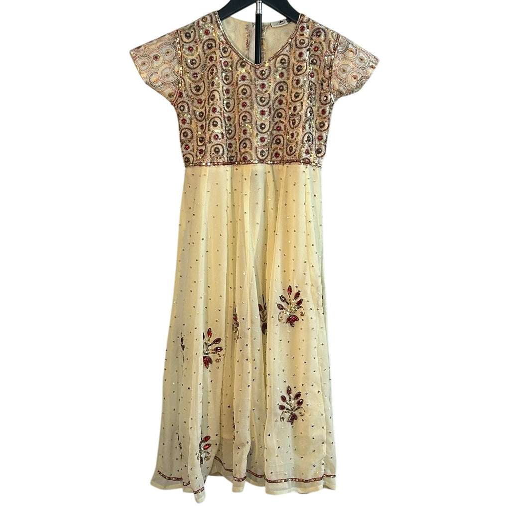 VTG 70s Anmol Indian Metallic Gold Thread Chiffon Dress Boho Whimsigoth XXS