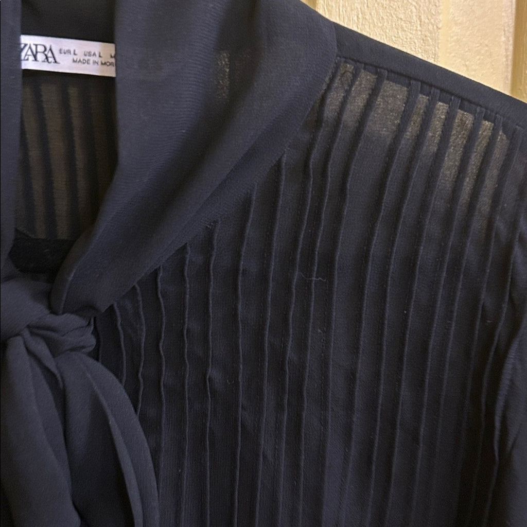 Zara Pleated Tie Neck Blouse Black Sheer Chiffon Pussy Bow Shirt Woman Large L