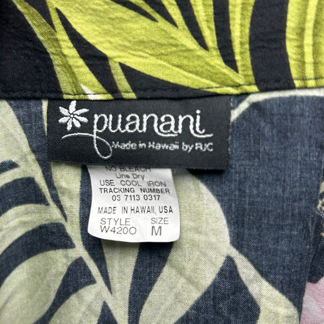 VTG 90s Puanani Hawaiian Shirt Black Floral Medium Tropical Boho Casual Indie