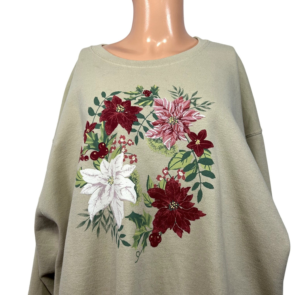 VTG 90s Jerzees XL Tan Christmas Poinsettia Fleece Sweatshirt Grandma Holiday
