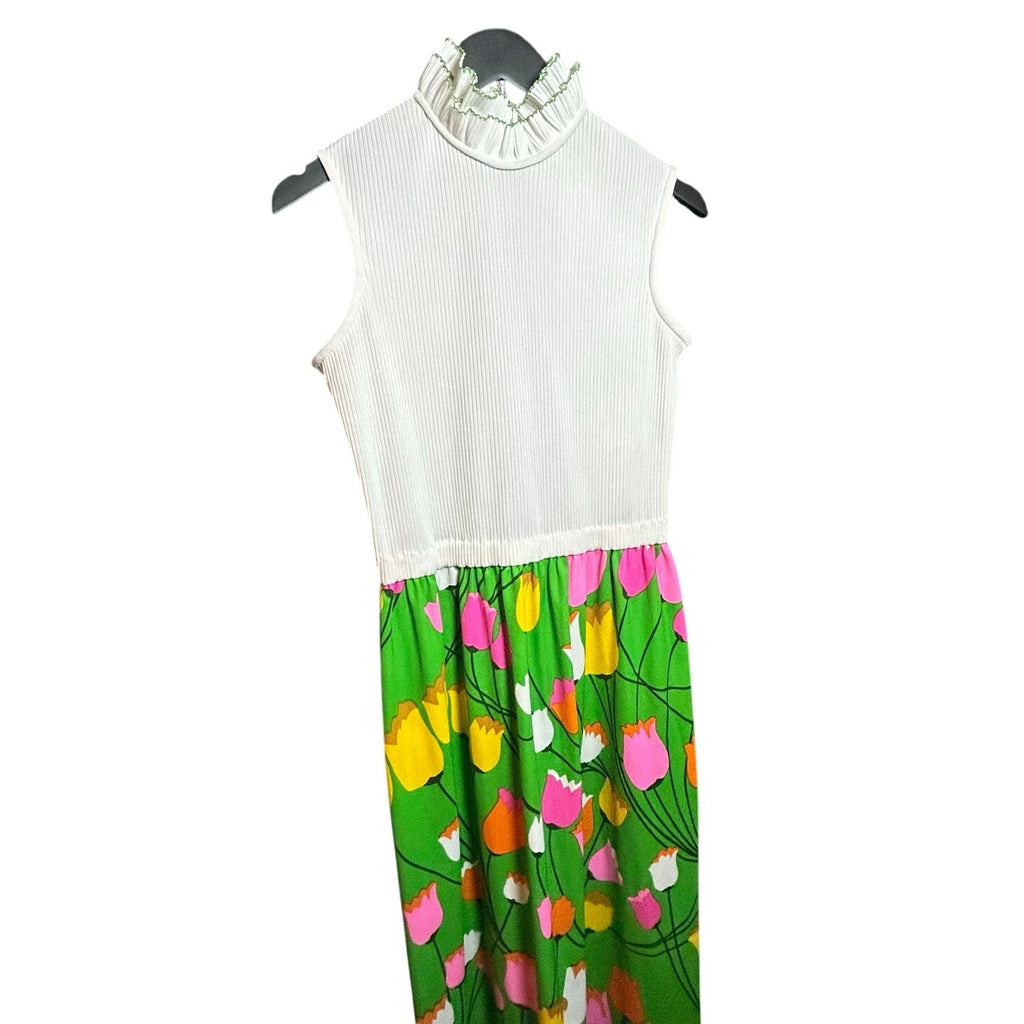 VTG 70s Alison Ayres Maxi Dress Green Floral Retro Tulip Print S Whimsigoth Boho