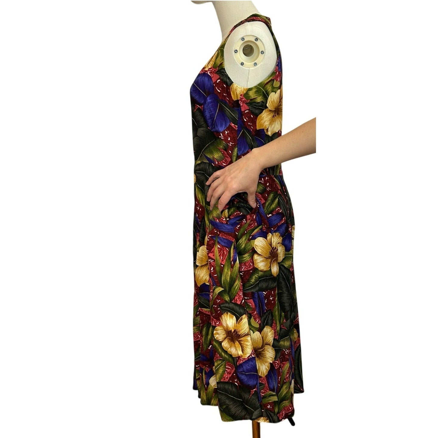 VTG 90s Positive Attitude Tropical Hibiscus Rayon Midi Dress Pockets Size 14
